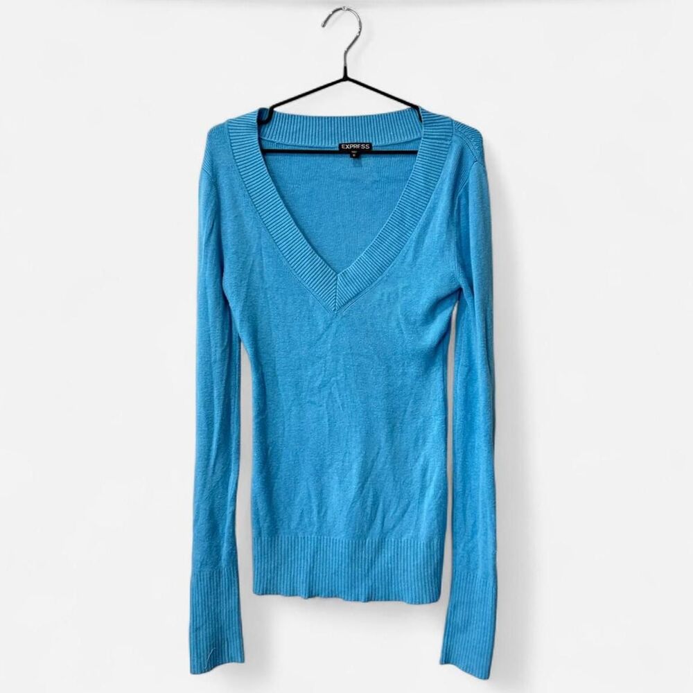 Y2K extra long sleeve Express blue v-neck knit sweater cozy fall preppy Express